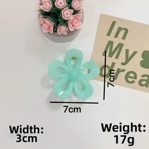 Detail showing 7cm mint green translucent resin flower hair claw with dimensions