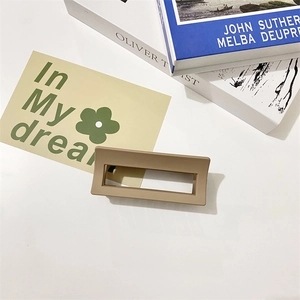 Minimalist matte khaki rectangular hair claw clip displayed with aesthetic props