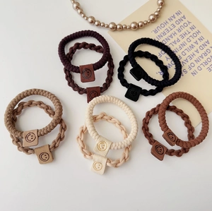 Elastic Braided Hair Ties With Smiley Face Leather Tag For Women Girls Durable Thick Twist Hair Rope Daily Hair Accessories