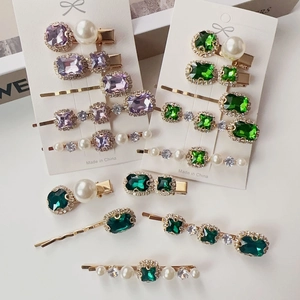 Vintage Emerald Rhinestone Artificial Pearl Hair Clips With Gold Plated Alloy Geometric Duckbill And Side Clip Elegant Hair Accessories