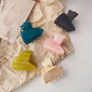 Five assorted jelly colors of carrot hair clips with golden French text on brown paper