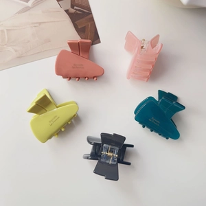 Detailed set of five minimalist acetate hair clips in assorted jelly colors with gold logo