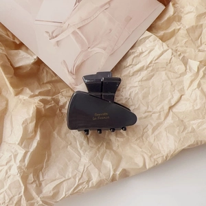 Detail of dark grey resin hair clip with golden Barrette la France script on paper