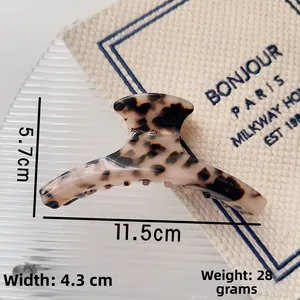 Detail view of large acetate claw clip with tortoiseshell pattern and exact dimensions