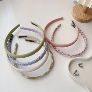 Handmade cream plaid headband set with minimalist fabric hair hoops for women accessory