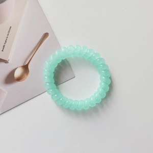 Detail of mint green spiral telephone wire hair tie with high elastic TPU material