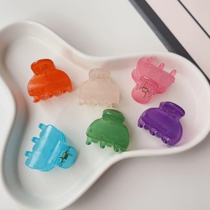 Detailed view of six colorful matte claw clips displayed on a white ceramic tray