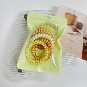 Detail of spiral hair ties set with various patterns in a frosted zipper packaging bag