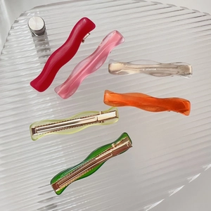 Set of 6 wavy transparent colorful resin hair clips with metallic snap fasteners