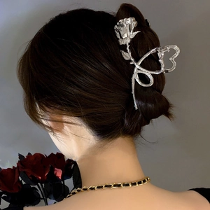 Elegant silver metal rose claw clip with heart design for French style hair styling