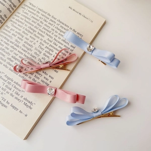 Dettaglio di fermagli a fiocco in raso rosa e blu con cristalli a cuore su libro