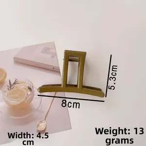 Detailed view of an olive green square acrylic hair claw clip with specific size measurements