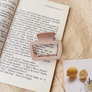 Detail of a dusty pink matte hair claw clip on an open book for a minimalist look