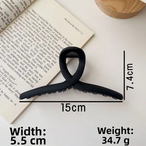 Macro detail of a 15cm matte black oversized shark hair claw clip with size measurements