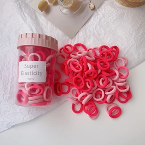 Detail showing colorful high elasticity hair bands stored in a transparent jar