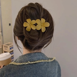 Vue détaillée d'une pince à cheveux fleurs jaune gingembre mat sur cheveux bruns