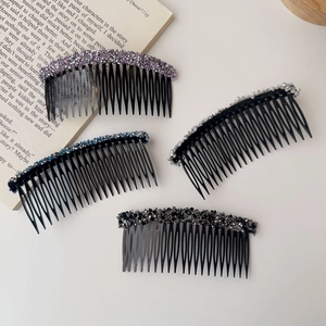 Set of four colorful rhinestone hair combs for women in purple, blue, silver, and black