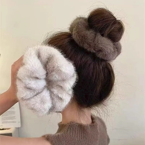 Faux mink fur oversized hair scrunchies in brown and grey colors for autumn and winter