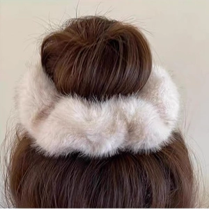 Faux mink fur oversized hair scrunchie in beige brown gradient for winter hairstyles