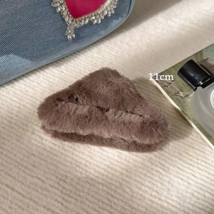Close-up of 11cm large brown plush shark hair claw clip with soft faux fur texture