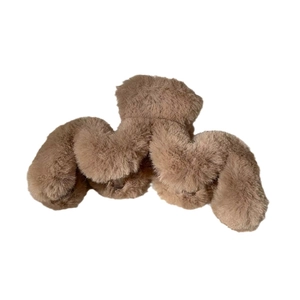 Large khaki plush hair claw clip with elegant wave design for women hair styling