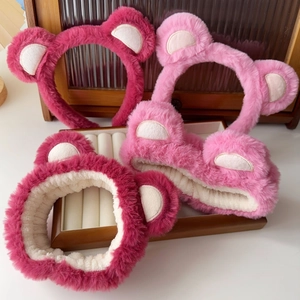 Cute pink plush strawberry bear headband and hairband set for facial washing and makeup