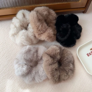 Set of 5 premium faux fur scrunchies in cream camel black grey and coffee colors