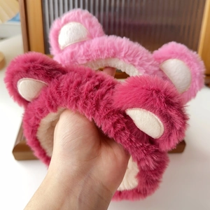 Cute plush bear ear headband for face washing in pink and magenta soft faux fur