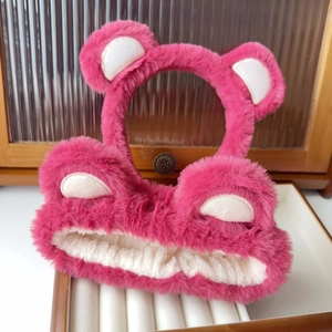 Pink plush strawberry bear headband and scrunchie set for face washing and skincare