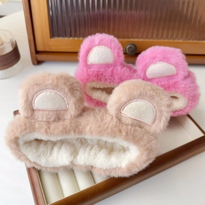 Cute plush animal ear headbands for face washing in brown and pink soft faux fur