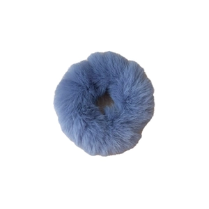Fluffy Morandi blue plush scrunchie with soft faux fur texture for autumn ponytail styling