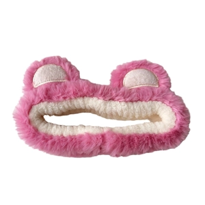 Pink plush strawberry bear spa headband made of soft coral fleece for face washing