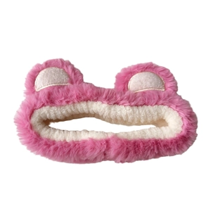 Cute pink plush headband with soft ears for face washing, non-slip design for women