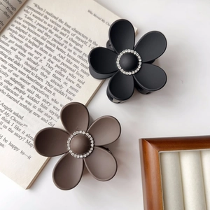 Elegant matte floral hair claw clips with rhinestones in black and dark brown colors