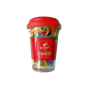Colorful disposable rubber hair bands in strawberry patterned jar for girls hair styling