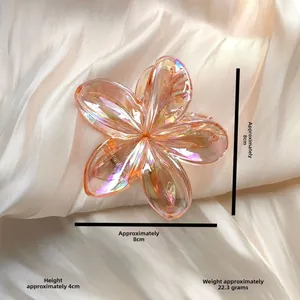 Detail view of 8cm iridescent pink flower hair claw clip with specific dimensions and weight