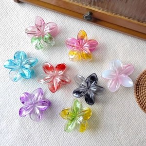 Flat lay of eight colorful gradient frangipani flower hair claws in acrylic material
