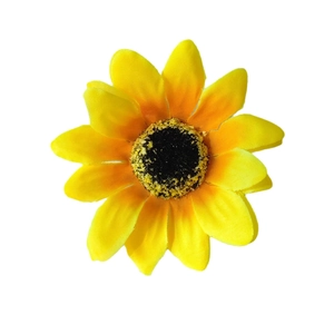 Artificial sunflower hair clip with yellow fabric petals and fuzzy dark brown center disk