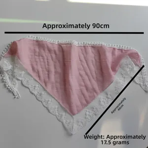 Pink lace triangle headscarf details showing 90cm width and 48cm height dimensions