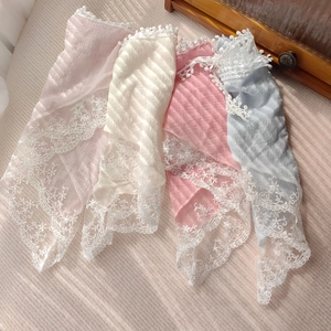 Pastel lace-trimmed triangle headscarves in soft pink, white, and blue tones