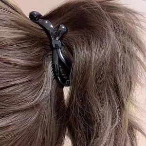 Pince à cheveux banane noire brillante avec nœud pour coiffure queue de cheval haute