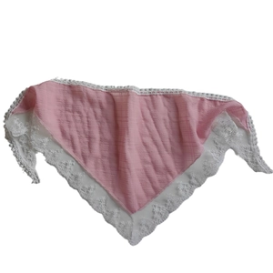 Pink lace triangle headscarf with white floral embroidery in vintage pastoral style