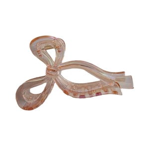 Iridescent laser bow hair claw clip in transparent pink for elegant women's hairstyles