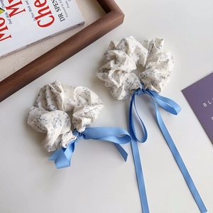 Elegant Blue Floral Print Ribbon Scrunchies Hair Ties For Women Girls Fabric Satin Bow Hair Bands Handmade Hair Accessories