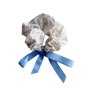 Floral sea salt blue bow scrunchie for women hair styling with long ribbon streamer