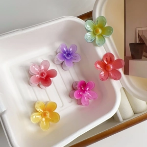 Detailed top view of six colorful flower hair claws in a rustic storage box
