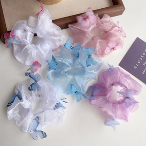 Chouchou Papillon en Organza Doux Avec Strass Papillon 3D Large Anneau de Cheveux Élastiques en Tissu Pour Femmes Filles Accessoires de Cheveux