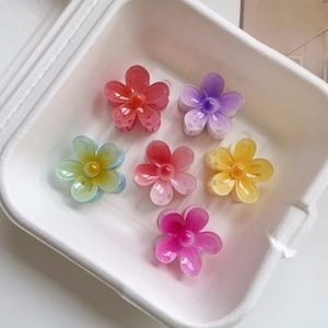 Set of six colorful floral resin hair clips in vibrant candy colors displayed in a box