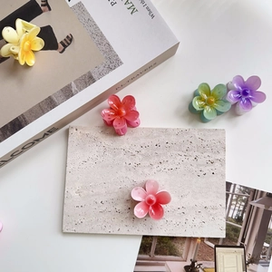 Close-up of translucent floral hair clips in assorted colors with metal spring detail