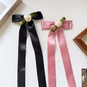 Women Elegant Satin Ribbon Bow Hair Clip With Fabric Rose Flower Long Streamers French Vintage Sweet Spring Clip Headwear